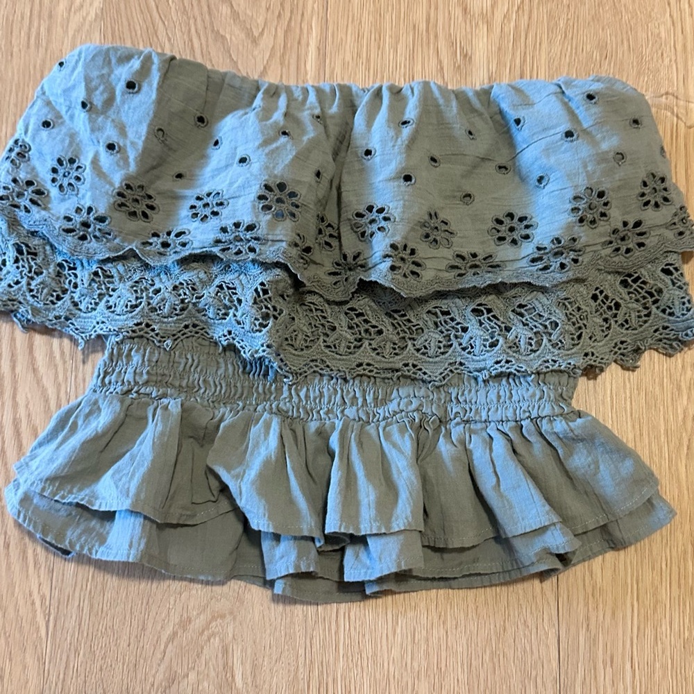 American Eagle Outfitters Olive Ruffle Top cropped off the shoulder Tube Top